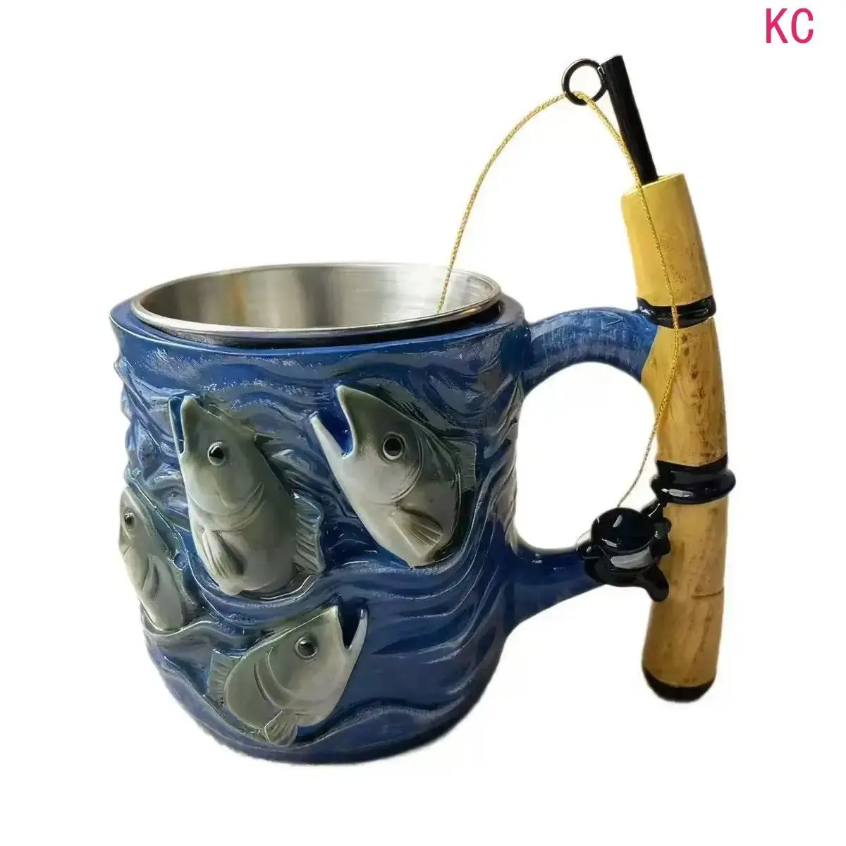 3D Fishing Rod Fish Resin Outer Mug With Stainless Steel Inner Liner, Funny Fishing Themed Drink Cup For Daily Coffee Tea Use And Angler Token Gifting