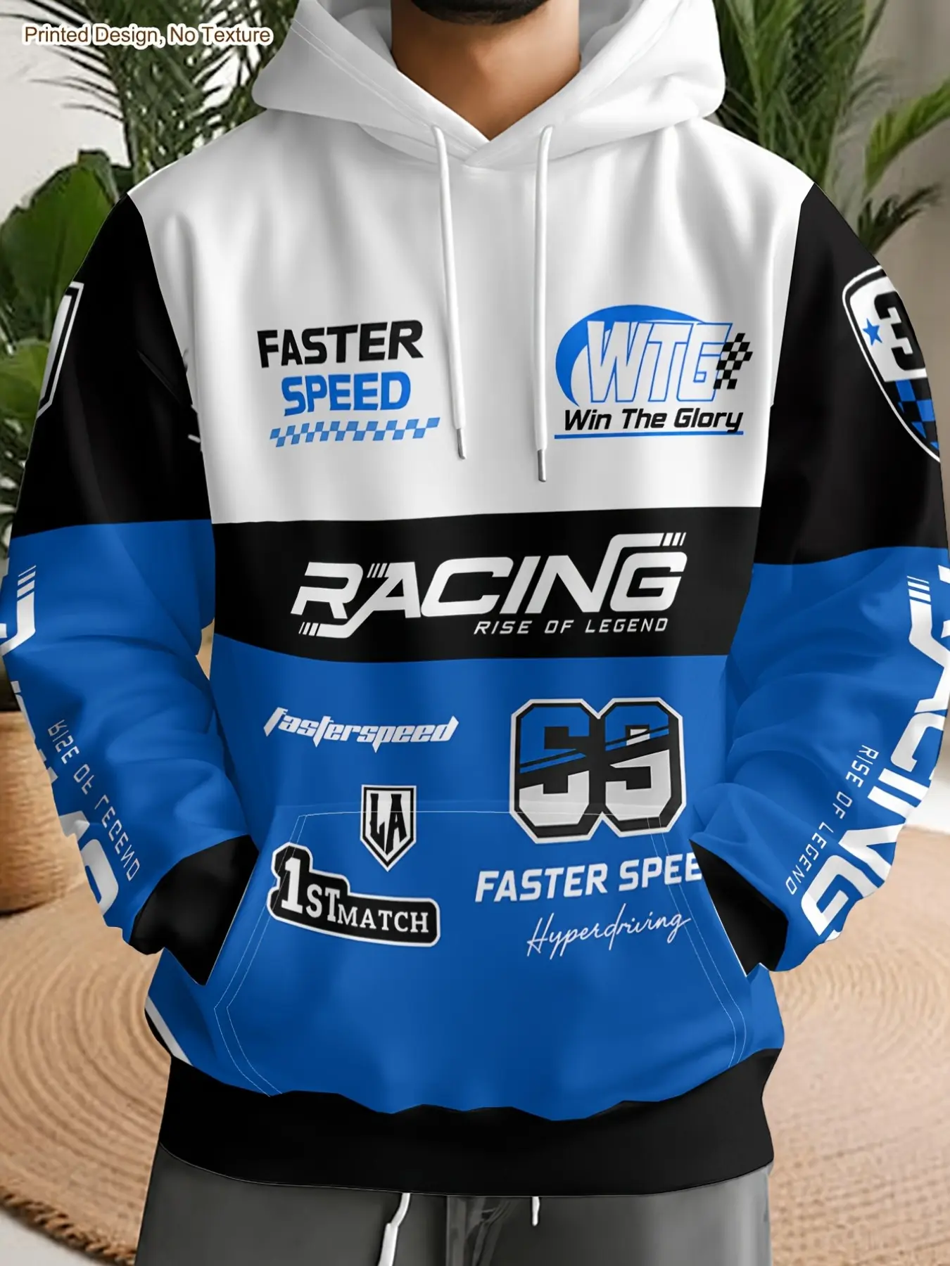 Men's Casual All over Print Sweatshirt, Loose-Fitting Hooded Top, Fall & Winter Streetwear, Racing Text and Number 66 Design
