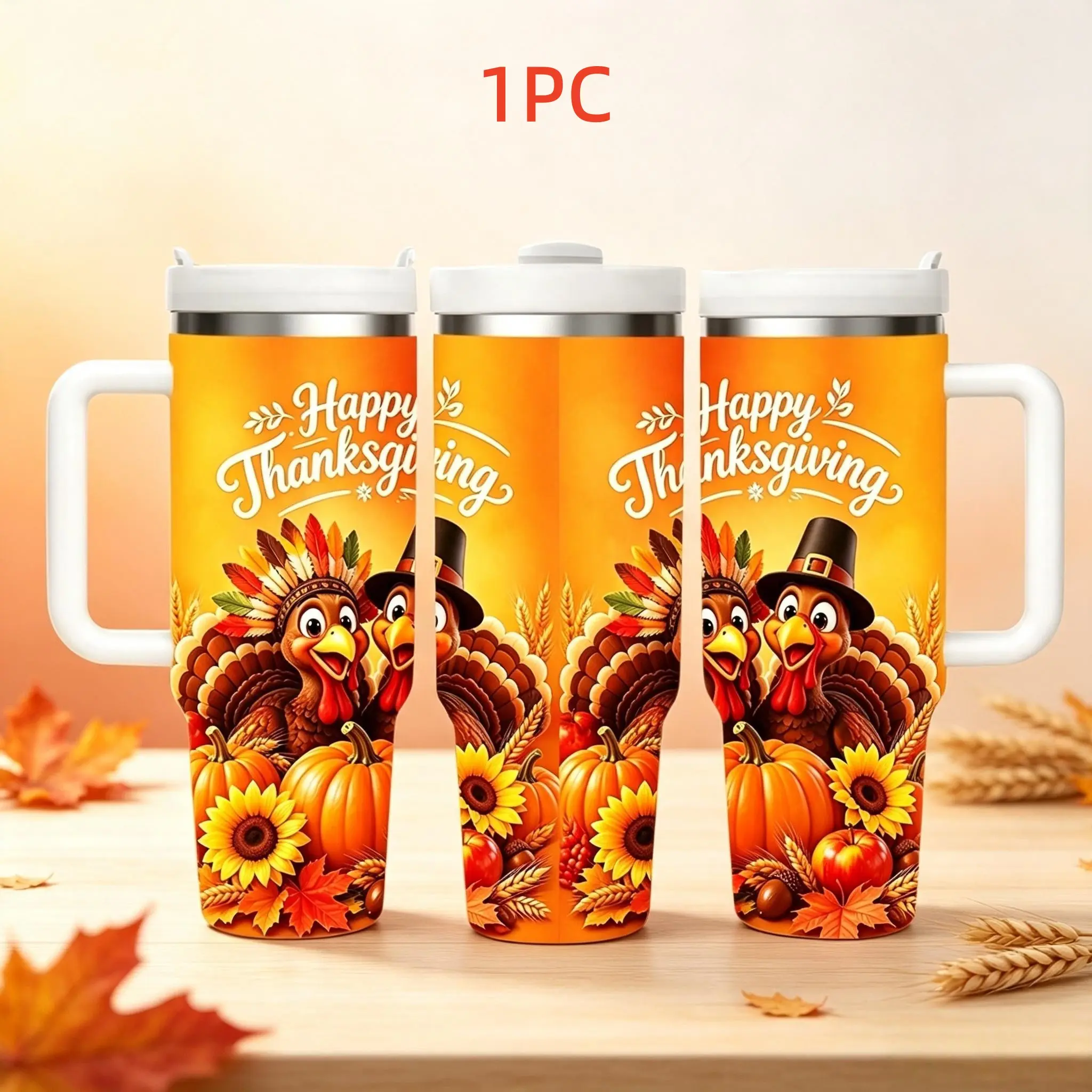 1pc 40oz Happy Thanksgiving Turkey Pumpkin Sunflower Print Stainless Steel Tumbler With Portable Handle, Vacuum Insulated Hot Cold Water Cup For Travel, Driving, Picnic, Office, Sports & Outdoor Activities, Cute Autumn Harvest Gift For Halloween & Thanksg