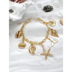 Starfish Shell Charm Bracelet for Women, Gold Plated Adjustable Chain Jewelry, Beach Inspired Wrist Accessory for Daily Wear and Vacations