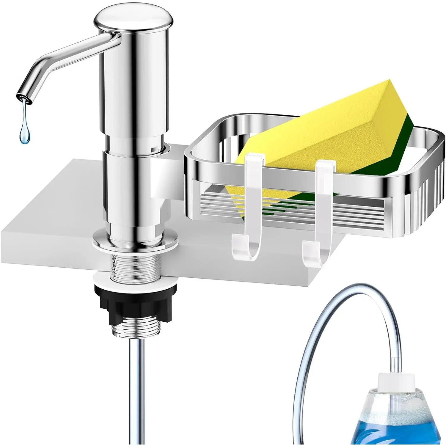 Soap Dispenser for Sink, Counter Sink Soap Dispenser Pump with 39" Extension Tube Kit, in ABS Dish Soap Dispensers with Sponge Holder, No More Refills, Chrome