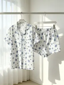 Women's Button-Down Short Sleeve Top & Shorts Pajama Set, White Base Light Blue Ditsy Floral Star Print, Blue Piping, White Bow Detail, Spring Summer Wear, Loose Fit, Cute Cottagecore Aesthetic Loungewear