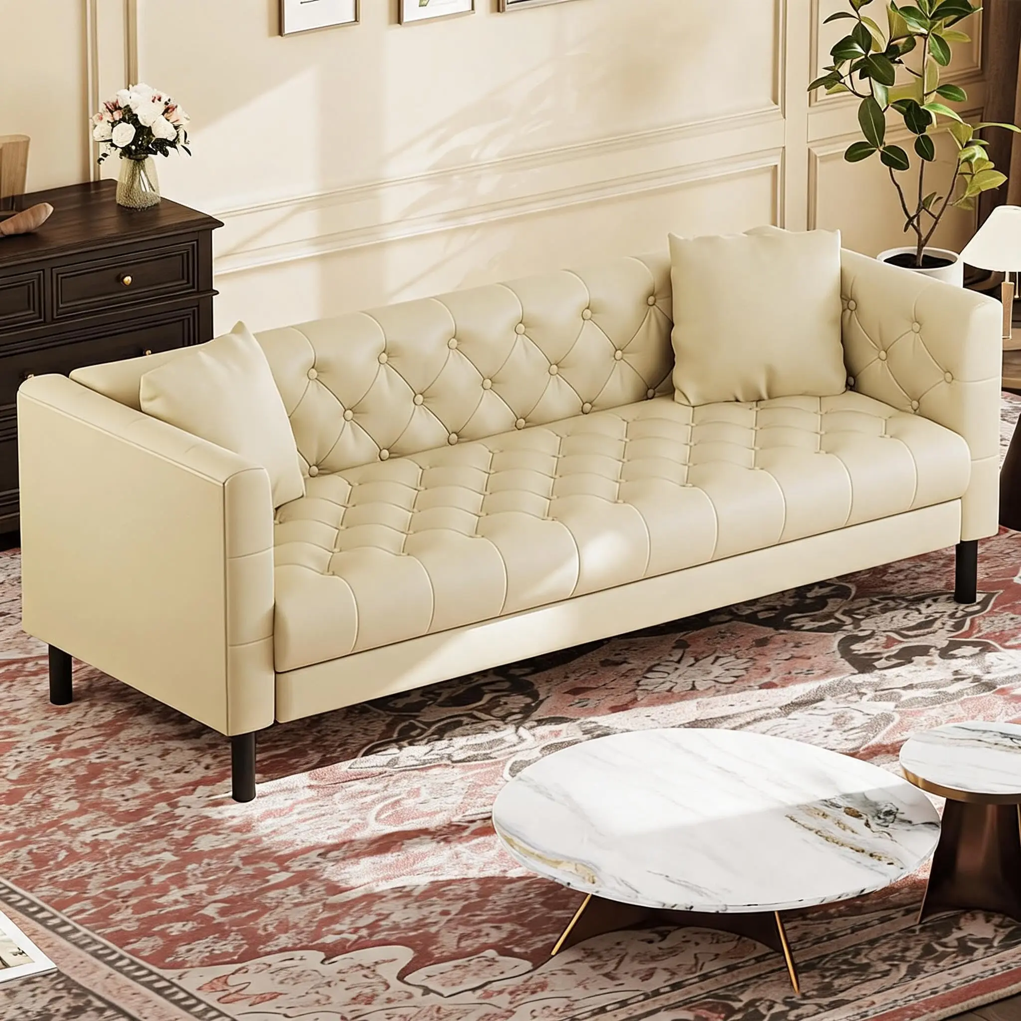 81" Chesterfield Sofa Couch with Deep Seating, Button-Tufted Back, Rolled Arms, Includes 2 Accent Pillows, Mid-Century Modern Style in White or Tan Faux Leather, Ideal for Living Room