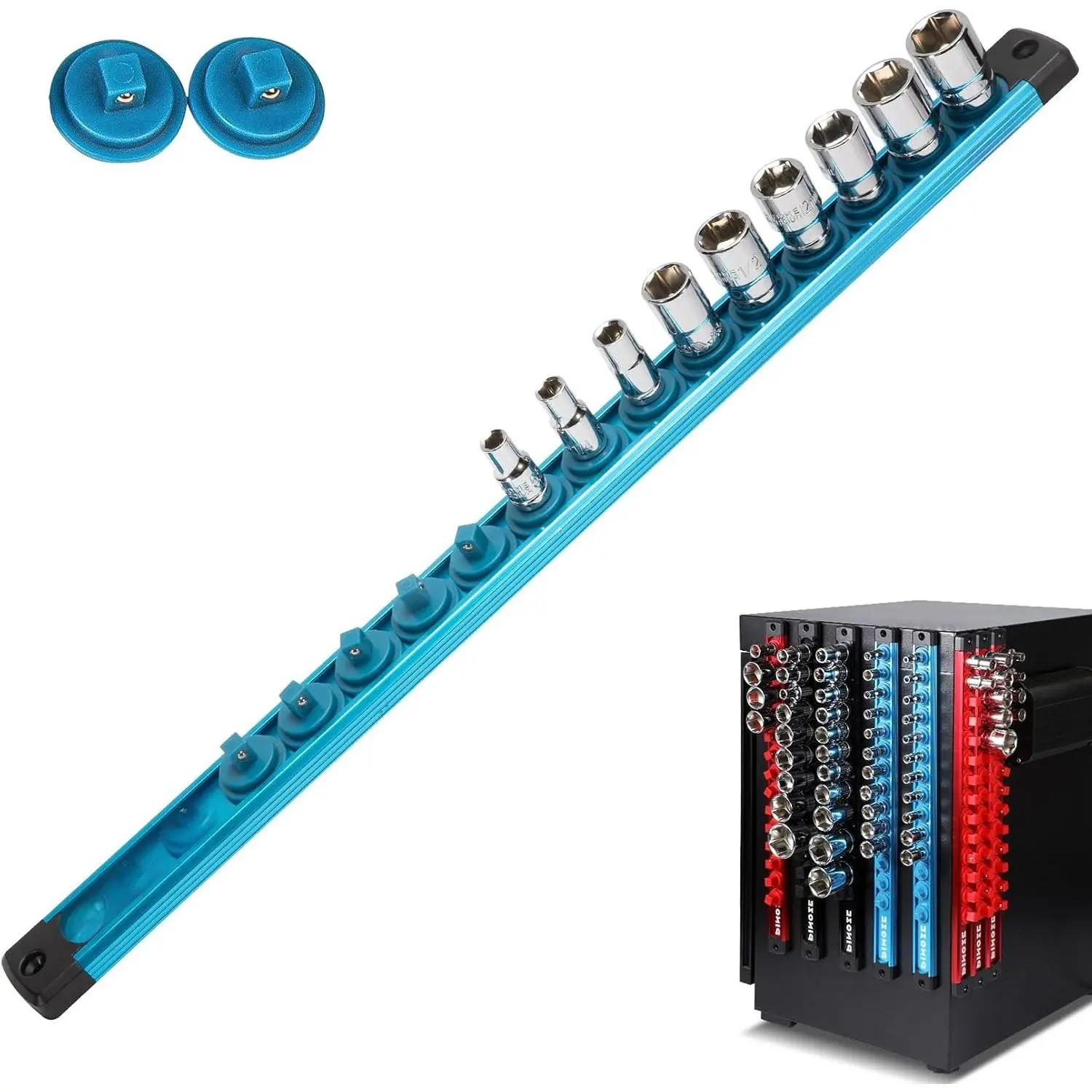 1/4"  Socket Holder Organizer -  Alloy Socket Rail Tray for Tool Box Drawer, Socket Rack with Extra 2 count  Clips for Automotive Garage(Blue)