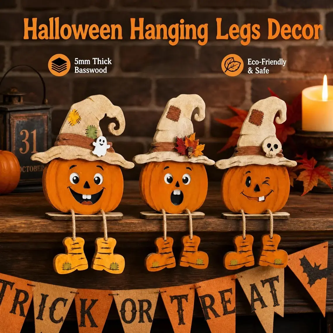 Halloween Wooden Pumpkin Desktop Decor, Witch Hat Strawman Pumpkin Standing Ornament, Vintage Autumn Harvest Farm Style Fireplace Shelf Indoor Festival Decoration