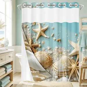 1pc 2D Flat Printing hookless shower curtain with hanger liner, Seaside Style Shells and Starfish Fabric, waterproof lining, transparent window, double-layer, 71 x 74 inches, home & bathroom decoration, Nautical shower curtain