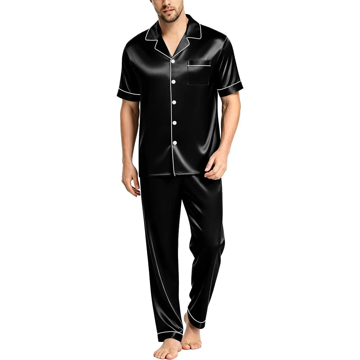 Men's Plain 2-Piece Satin Pyjamas Set - Short Sleeve Button-Down Notch Collar Sleepwear Shirt, Matching Long Pockets Pants, Soft Silky Lightweight Menswear Loungewear for Home, Travel