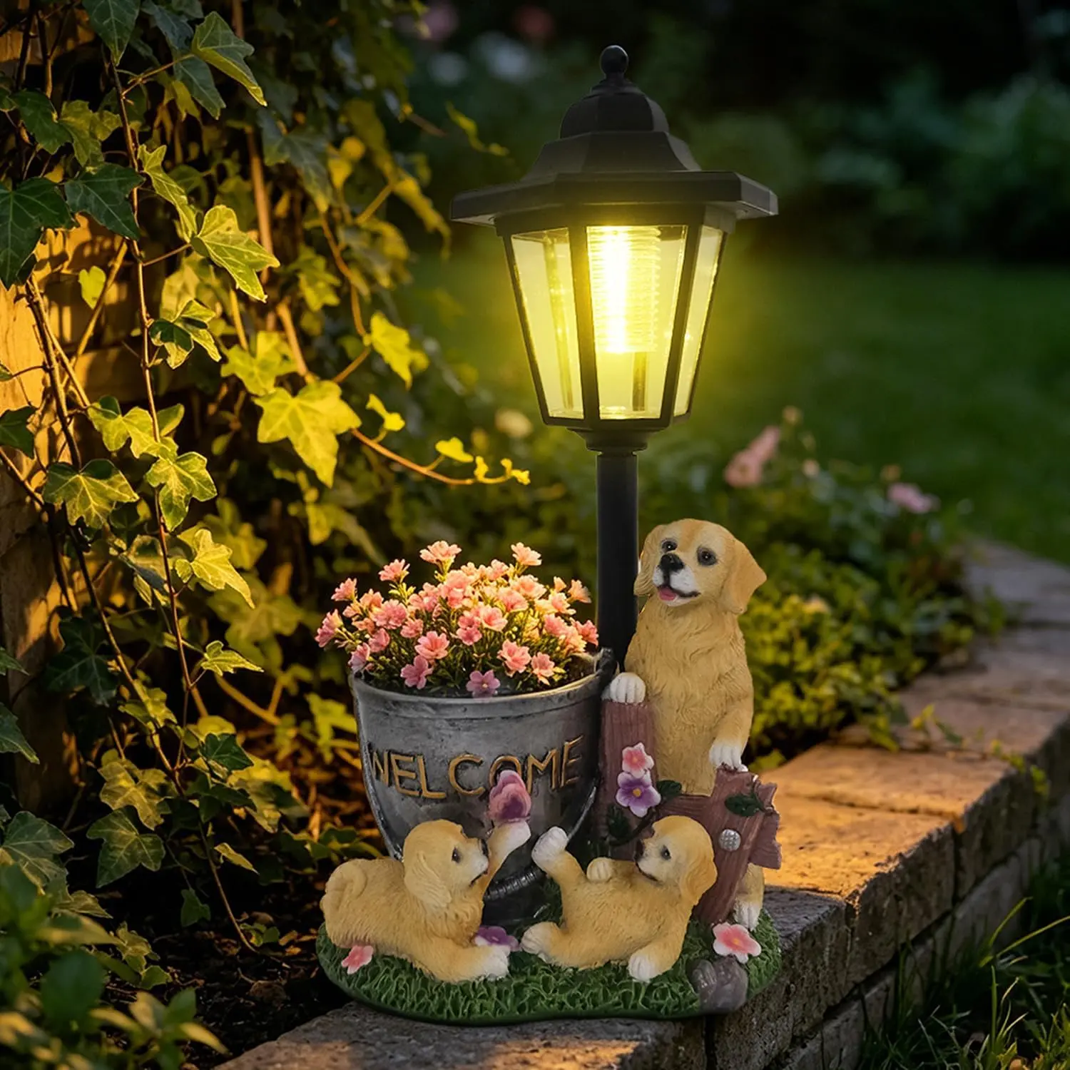 Funny Golden Retriever Statue with Lantern, Flowerpot & Solar Outdoor Lights, Garden Decor Figurines for Patio Yard Balcony, Grandma Mom Gifts, Lanterns