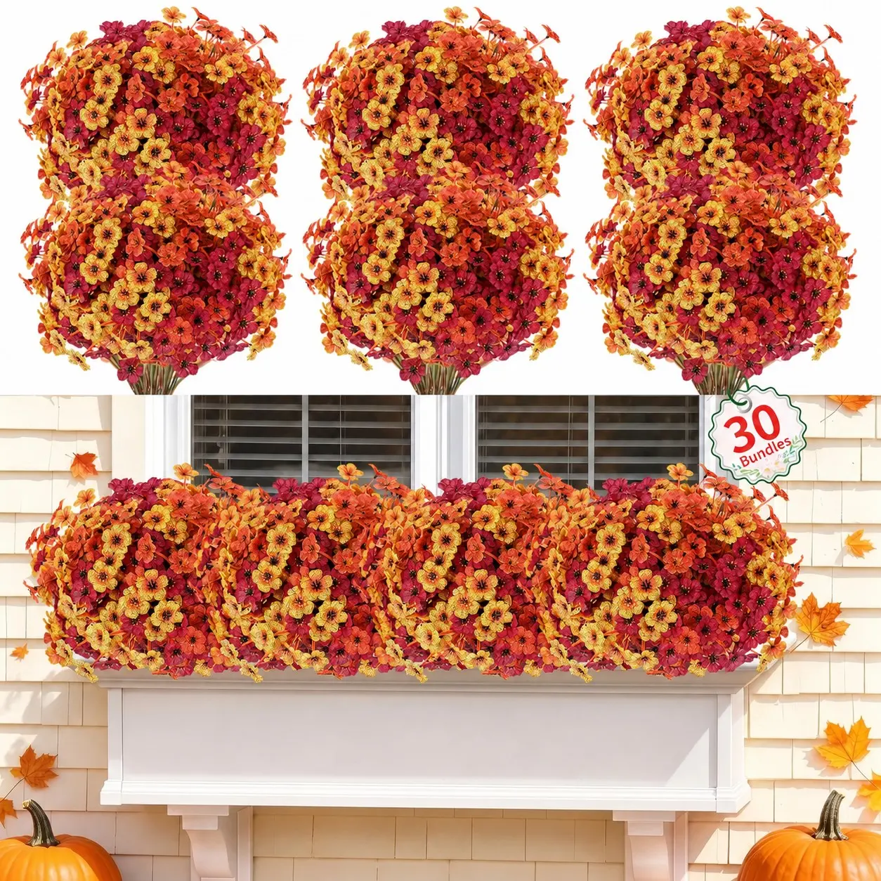 30 pcs Artificial Flowers Outdoor Fake Plants, Faux Flowers UV Resistant with Plastic Plants, Faux Silk Flowers for Outdoors Outside Front Porch Hanging Planter Window Garden ,Thanksgiving Halloween Decorations, Artificial Flower Bouquet (Autumn Mixed)
