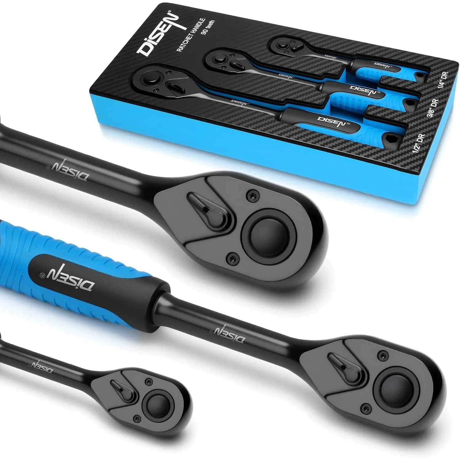 3PCS Black Reversible Ratchet Wrench Set - 1/4", 3/8", 1/2" Drive, 90-Tooth, Non-slip Grip, Quick Release, EVA Foam Tray Hand Tool Kit