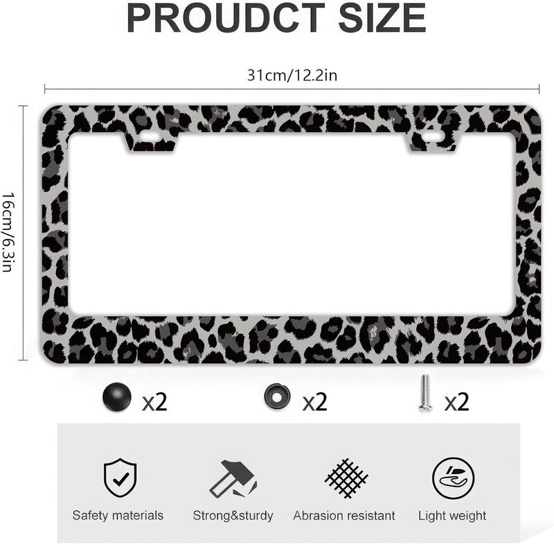 Black Gray Leopard Print License Plate Frame - 2 Holes Stainless Steel Metal Auto Car Accessories Decoration License Plate Frame Size 6.3" x 12.2" Fit US Vehicles for Women Men Gift