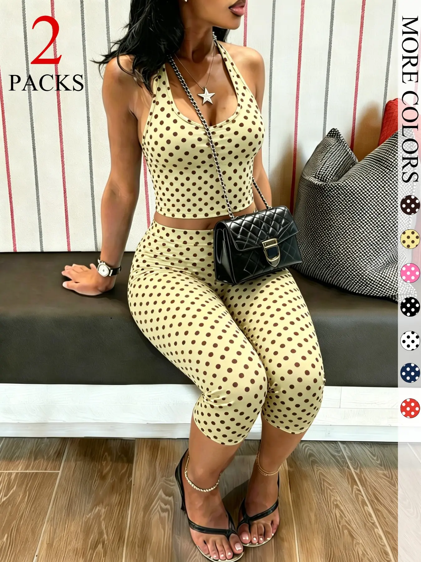 2 Packs Women's Polka Dot 2-Piece Outfits, Halter Crop Top & High Waist Capri Leggings Set, Bohemian Slim Fit Summer Streetwear