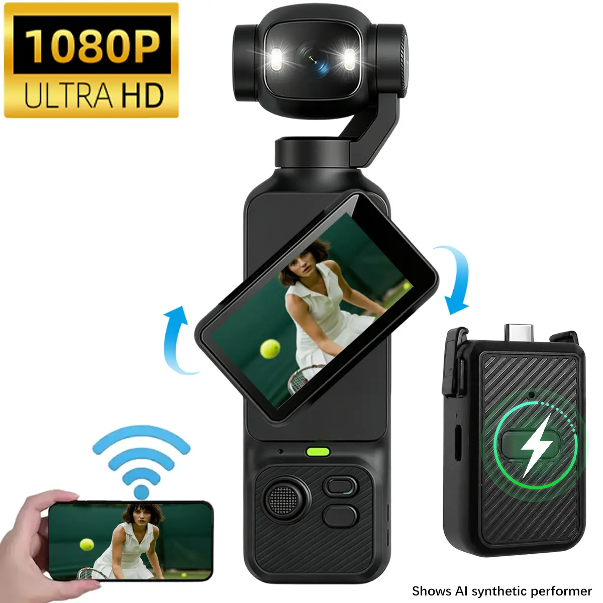 Vlogging Camera with 180°Rotatable Lens, 1080P HD Pocket Camera with Dual LED Fill Light,WiFi Connection, Loop Recording, Rechargeable Vlog Camera and Portable Charging Case for Travel Adventures, Creator Content, Family and Daily Recording