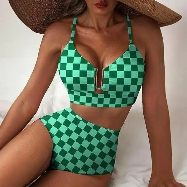 Women's 2026 Green Checkered Print High-Waist Belly-Cinched 2-Piece Beach Bikini Set, Stretchy Swimsuit Bikini, High Rise Swim Bottoms, 2 Piece Sets for Women