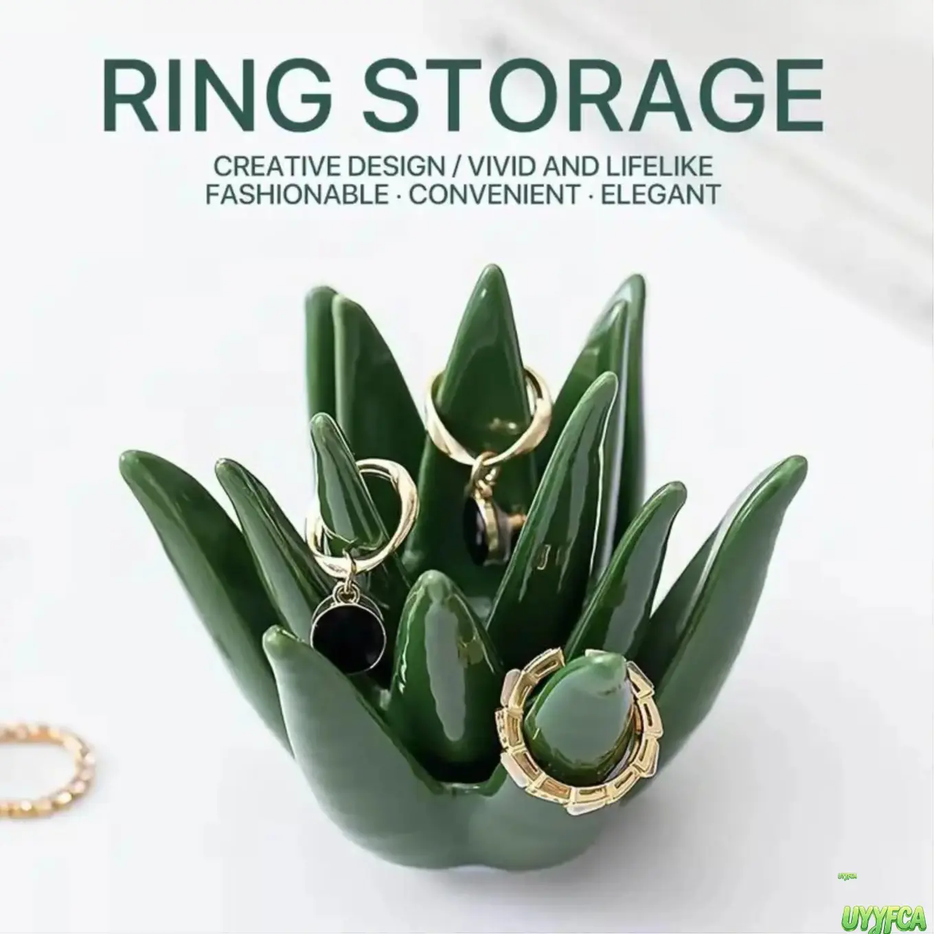Glossy Ceramic Aloe Vera Shaped Ring Holder Jewelry Tray, Multi Prong Leaf Design Earring Necklace Storage Organizer, Minimalist Green Plant Tabletop Decor Dish, Compact Small Accessory Display Stand For Vanity Bathroom Thoughtful Birthday Gift For Women