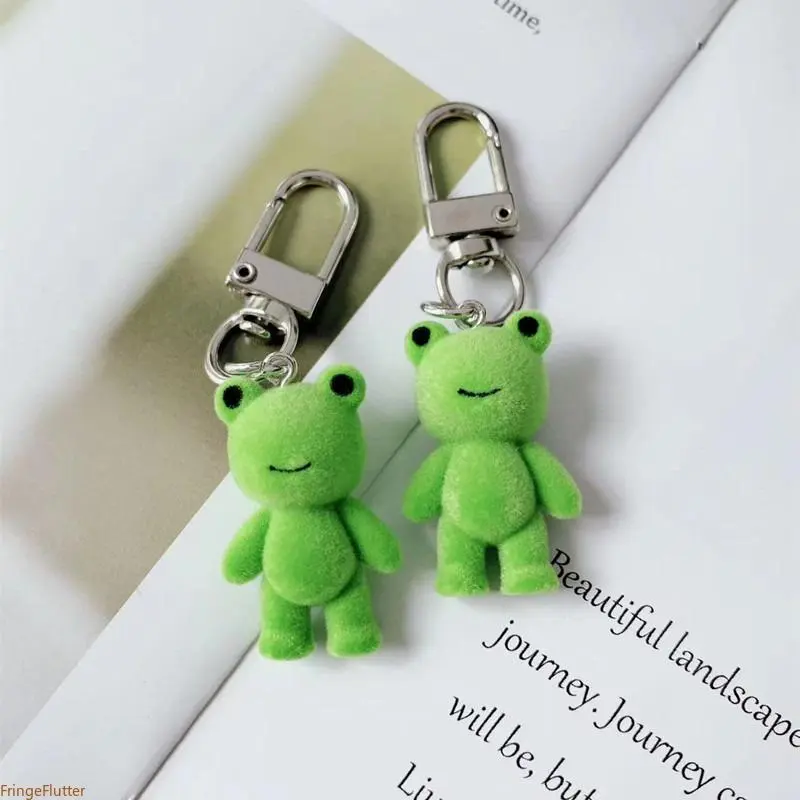 1PC/3PCS 3D Flocked Playful Frog Keychain Charm, Cute Green Frog Car Key & Bag Pendant, Kawaii Soft Animal Key Accessory for Purse Backpack Gift