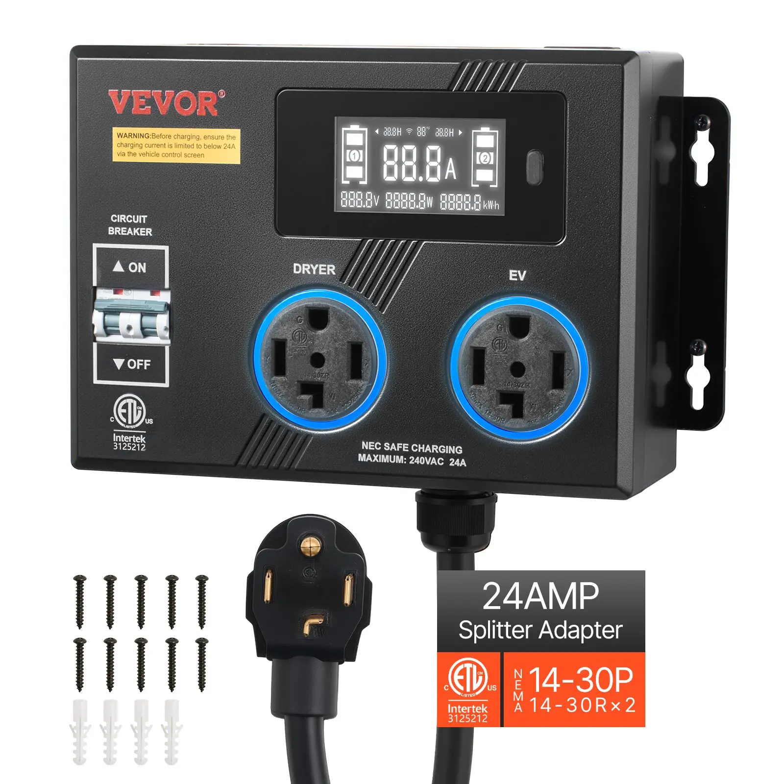 VEVOR ETL Automatic EV Charging Splitter Switch, NEMA 14-30 Plug & Play Power Cord with Dual Outlets, 24A Max 240V Smart Power Distribution, Circuit Breaker, Real-Time Display for EVs, Dryers, Automatic Ev Charging Switch