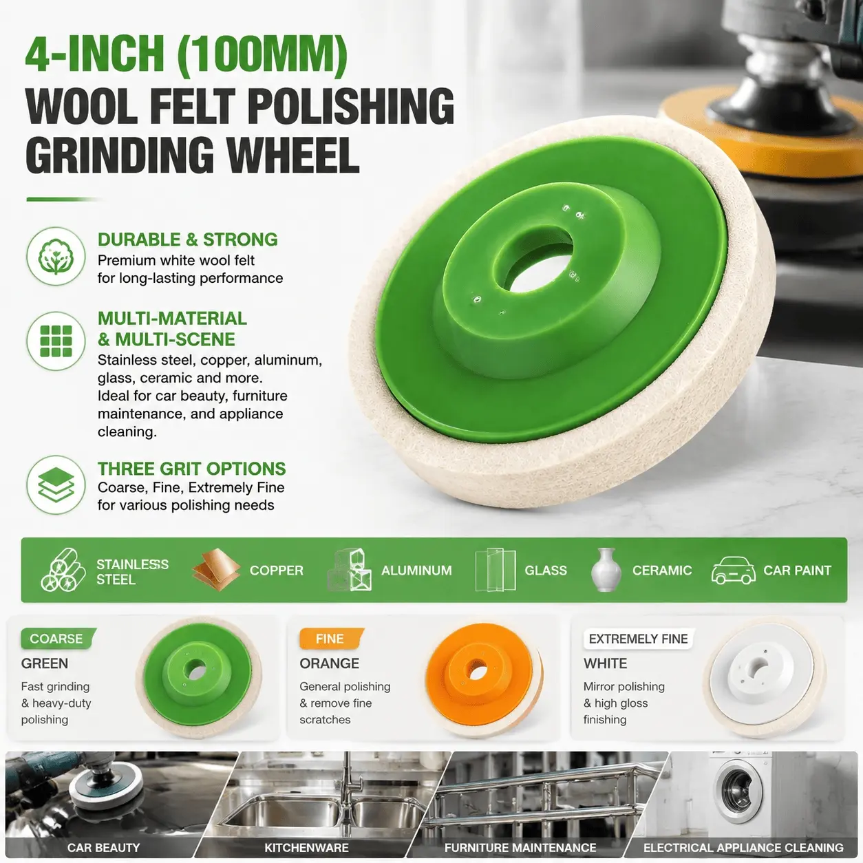 Professional 100mm Wool Polishing Wheel Kit with Fine White Coarse Orange Green Felt Discs for Angle Grinder Metal Wood Plastic Surface Finishing High Gloss Durable Easy Install Multi-Function Efficient Pads for DIY Enthusiasts Experts