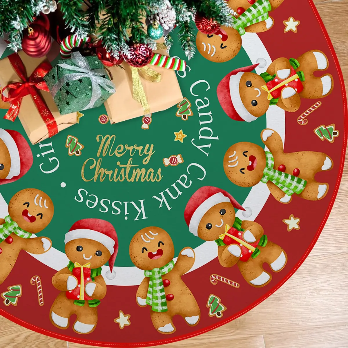 Polyester Christmas Tree Skirt with Cookie and Candy Pattern, Classic Solid Border, Drawstring Closure, Holiday Decor for Standard Trees