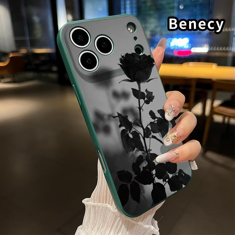 Straight Edge Phone Case for iPhone 17 15 16 14 Pro Max 13 12 11 XR XS Plus Air E Black Rose Pattern Anti-Scratch Shockproof Soft Liquid Silicone Protective Cover Smartphone Casing