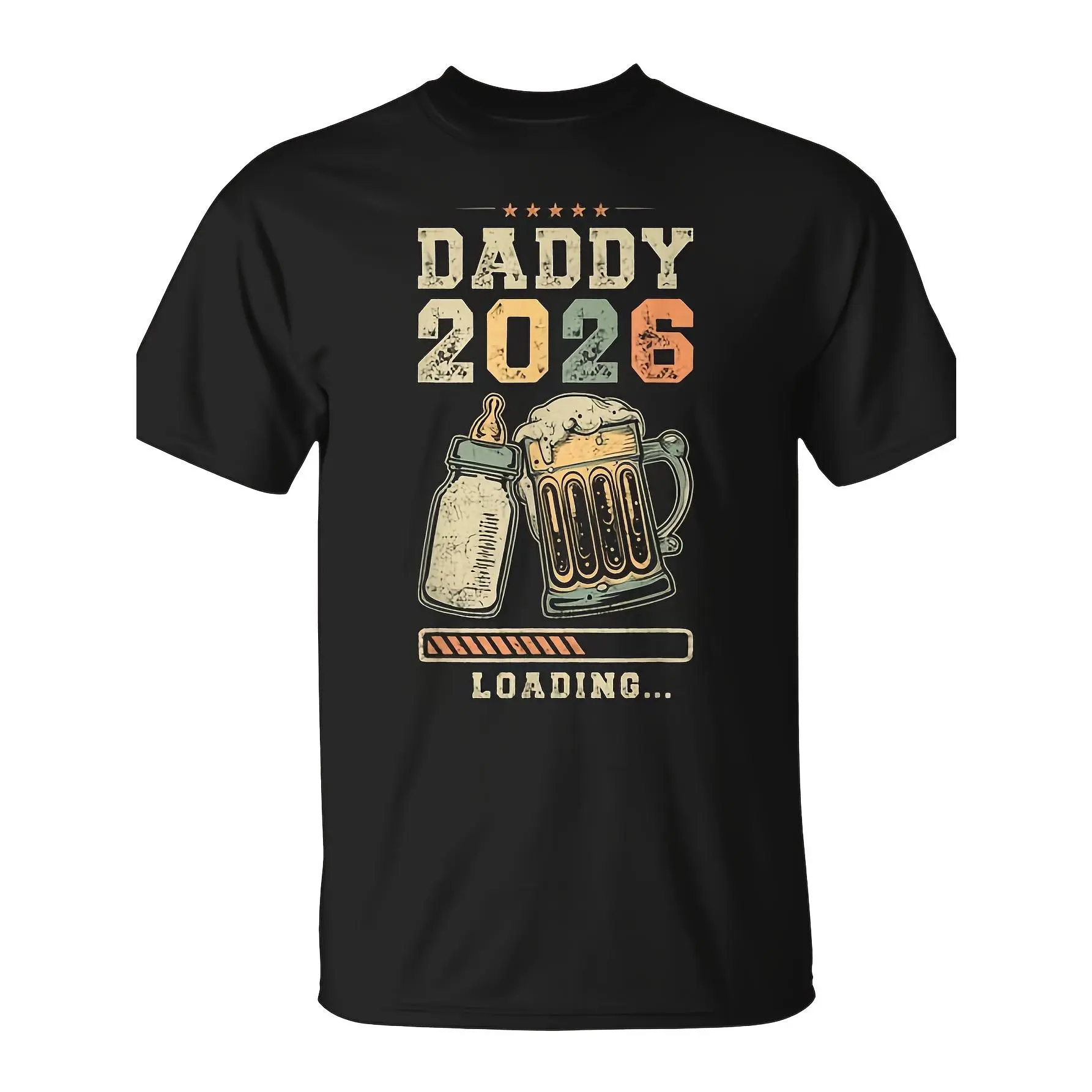 Men's Funny 2026 Daddy-to-Be T-Shirt - Pregnancy Announcement Gift with Footprints, Beer Mug & Barrel Loading Bar Design, All-Season Comfort Crew Neck Short Sleeve Tee for New Dads, Father's Day Countdown Shirt (Black)