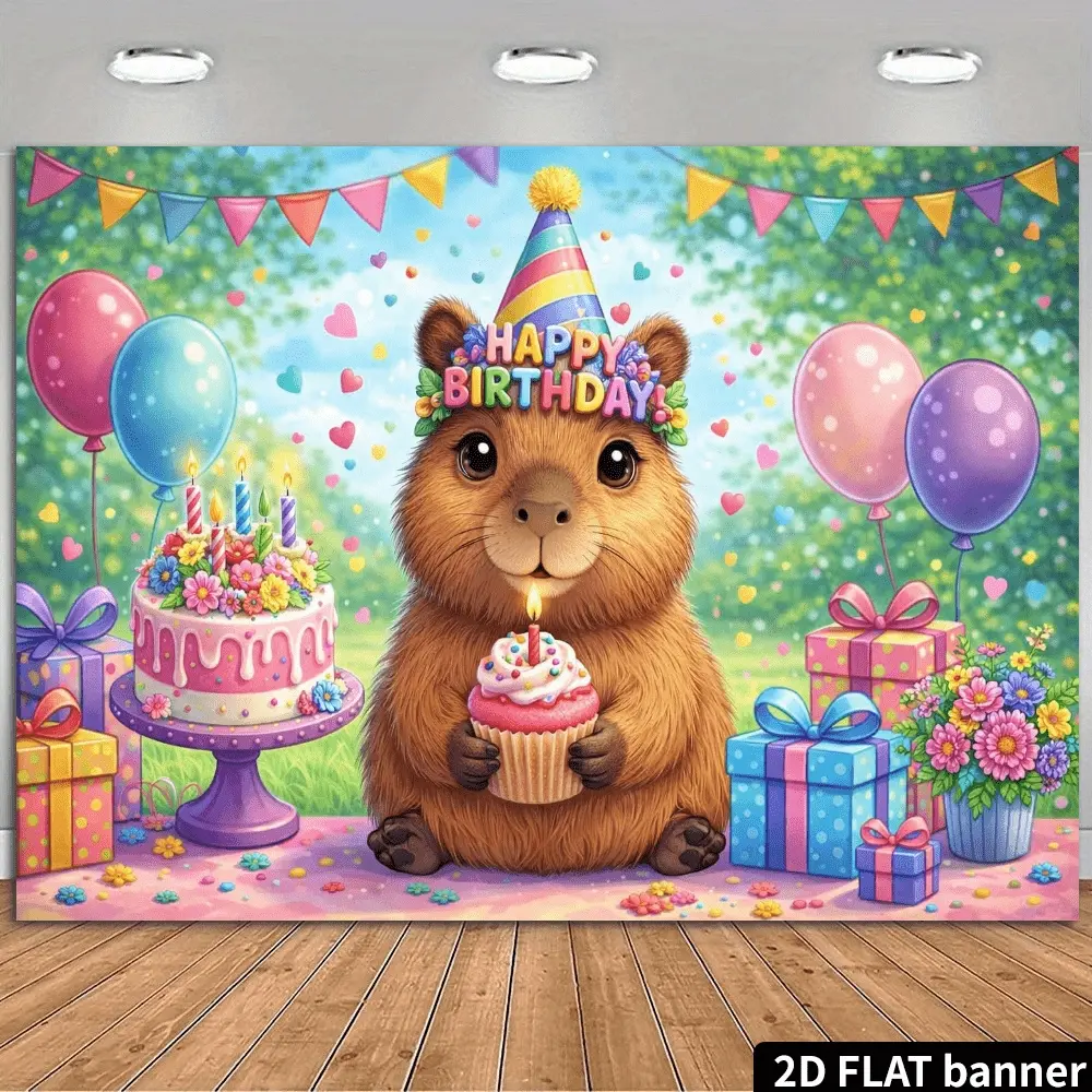 Cute Capybara Birthday Party Banner, 2D Flat Design, Polyester Material, Metal Grommets, Ideal for Kids Parties, Photo Backdrop, Gift Decorations