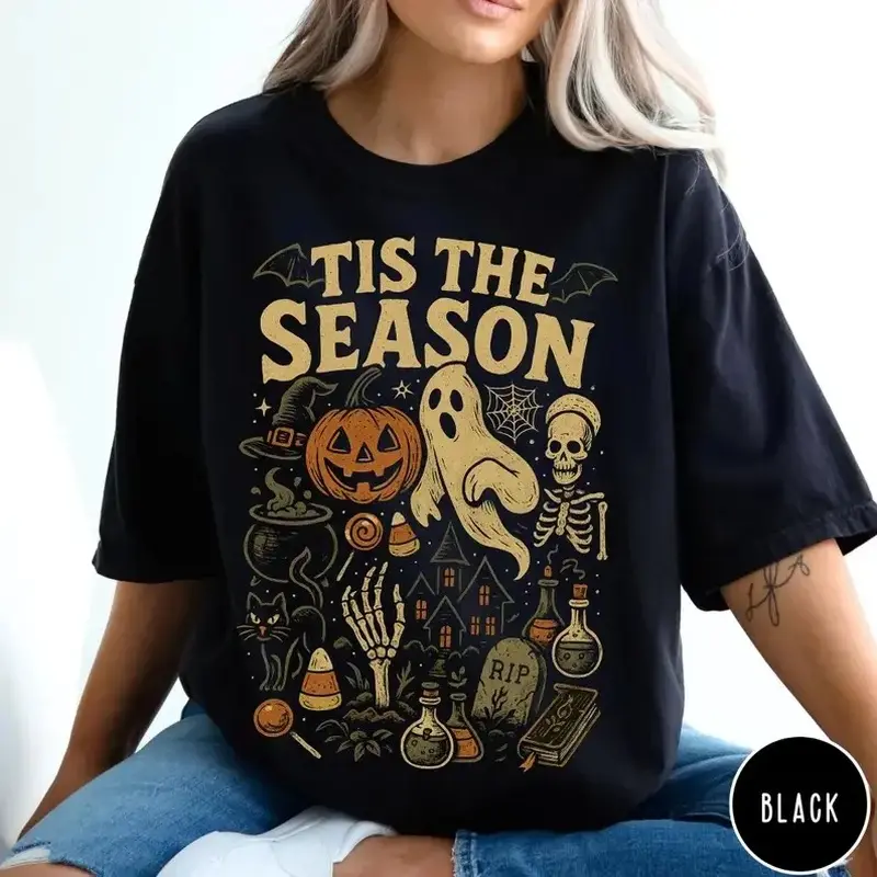 Comfort Colors Pumpkin Ghost Graphic Tee, Tis' the Season Halloween Shirt,  Retro Halloween Style, Vintage Halloween Aesthetic, Women's Halloween Gift