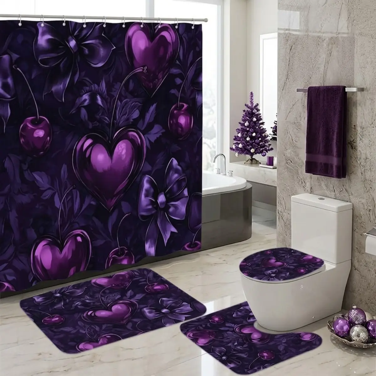 4pcs Purple Hearts Shower Curtain Set, Dark Floral Cherry Blossom & Grapes Pattern, Romantic Valentine Decor, TikTok Trending Bathroom Set