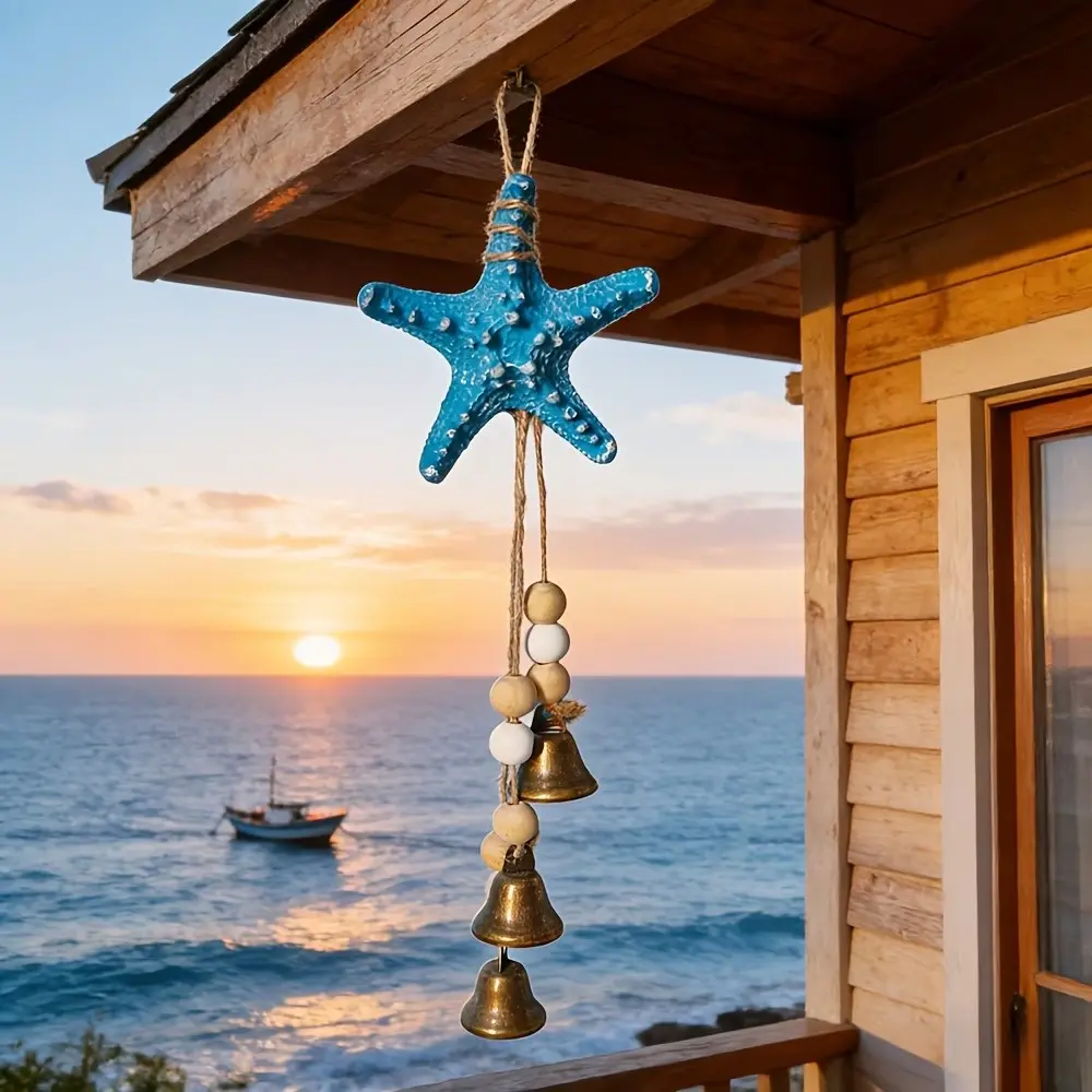 1pc Coastal Resin Starfish Wind Chime with Bells - Nautical Beach Decor for Home, Patio, Porch | Blue Starfish, Wooden Beads, Rustic Metal Bells | Ocean Themed Hanging Ornament for Summer, Coastal, Mediterranean, And Boho for Home Decor