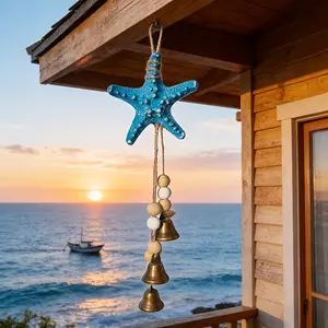 1pc Coastal Resin Starfish Wind Chime with Bells - Nautical Beach Decor for Home, Patio, Porch | Blue Starfish, Wooden Beads, Rustic Metal Bells | Ocean Themed Hanging Ornament for Summer, Coastal, Mediterranean, And Boho for Home Decor