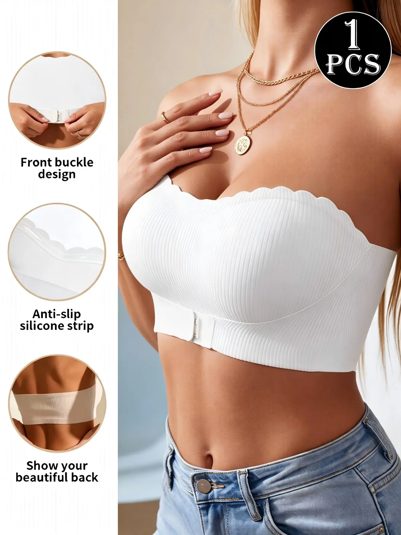 1 Piece Simple Wave Edge Front Buckle Non-Slip Bra, Everyday Bra, Elegant Chic Sexy Wireless Strapless Lined Bra, Daily Wear & Sports Fitness Underwear
