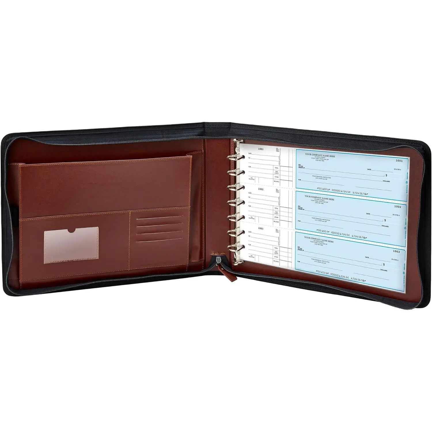 7 Ring Checkbook Binder for Business Checks, PU  Check Binder Portfolio with Zipper,600 Checks Capacity,for Executive and Personal Use (Dark Brown)