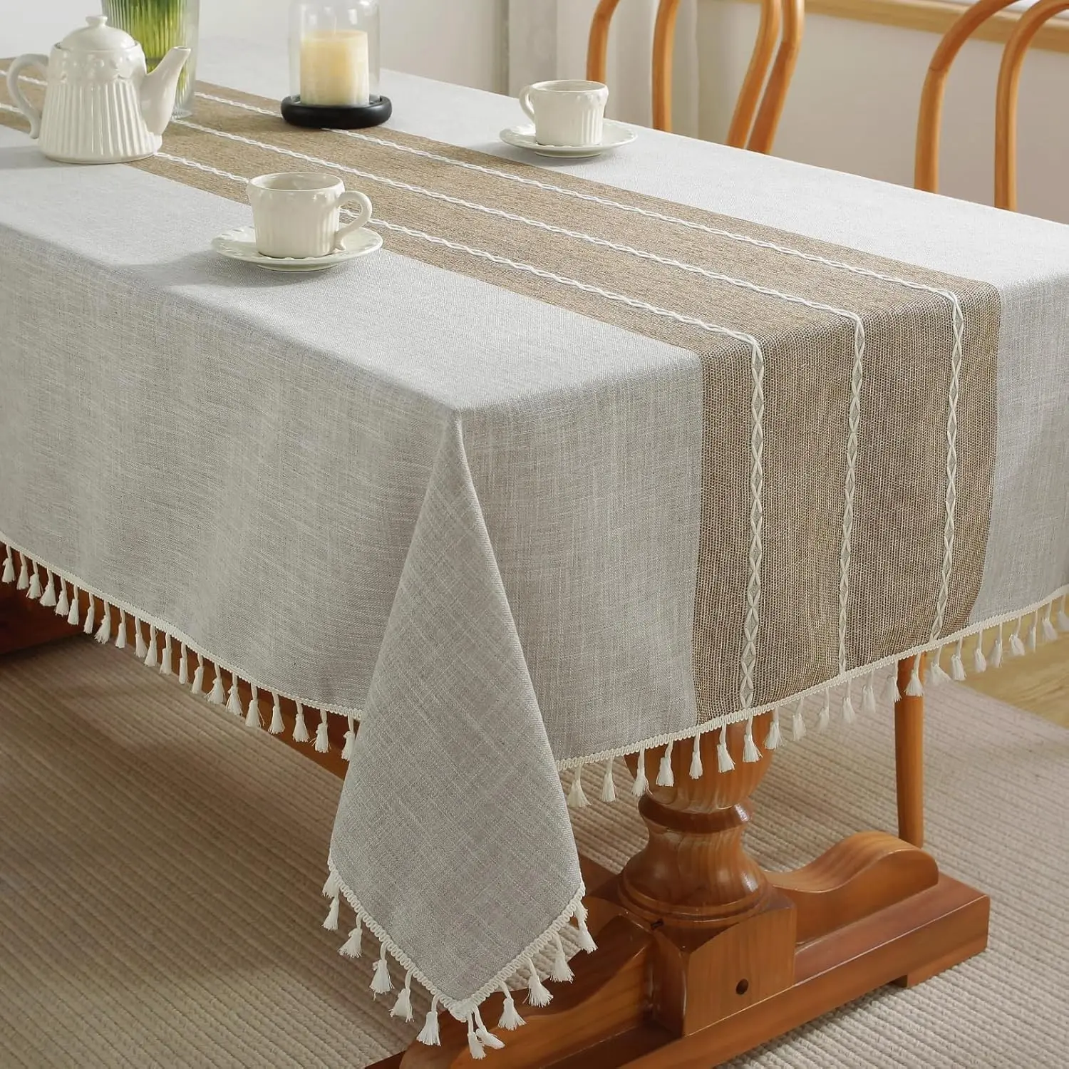Outdoor Table Cloth Rectangle Table, Waterproof Tablecloth Cotton Linen Wrinkle Free Rustic Tables Cover for Picnic Camping Party Kitchen Dining (Coffee Lines, 4-6 Seats, 55x75 Inches)