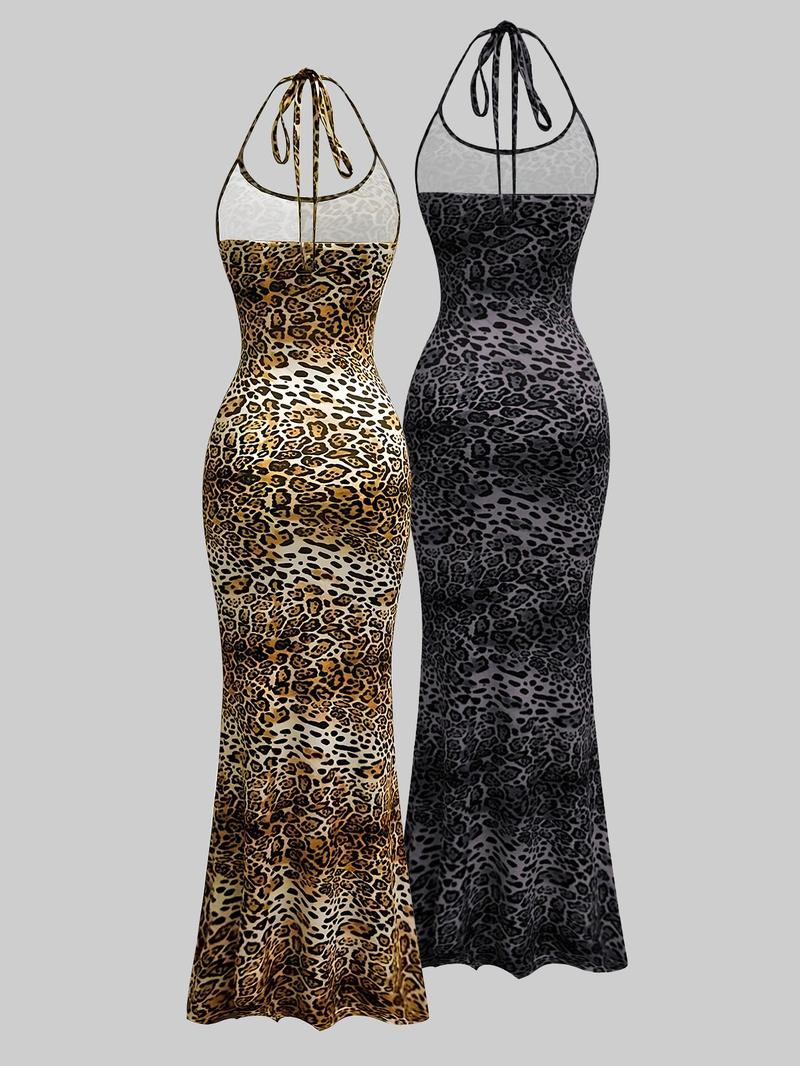 Women's Leopard Print Cami Mermaid Dress & Solid Color Sleeveless Cami Dress Set, Sexy Minimalist Fashion Casual Two-piece Outfits for Party Club Dating Wear, Ladies Summer Clothes, Gowns, Formal Womenswear, Dresse