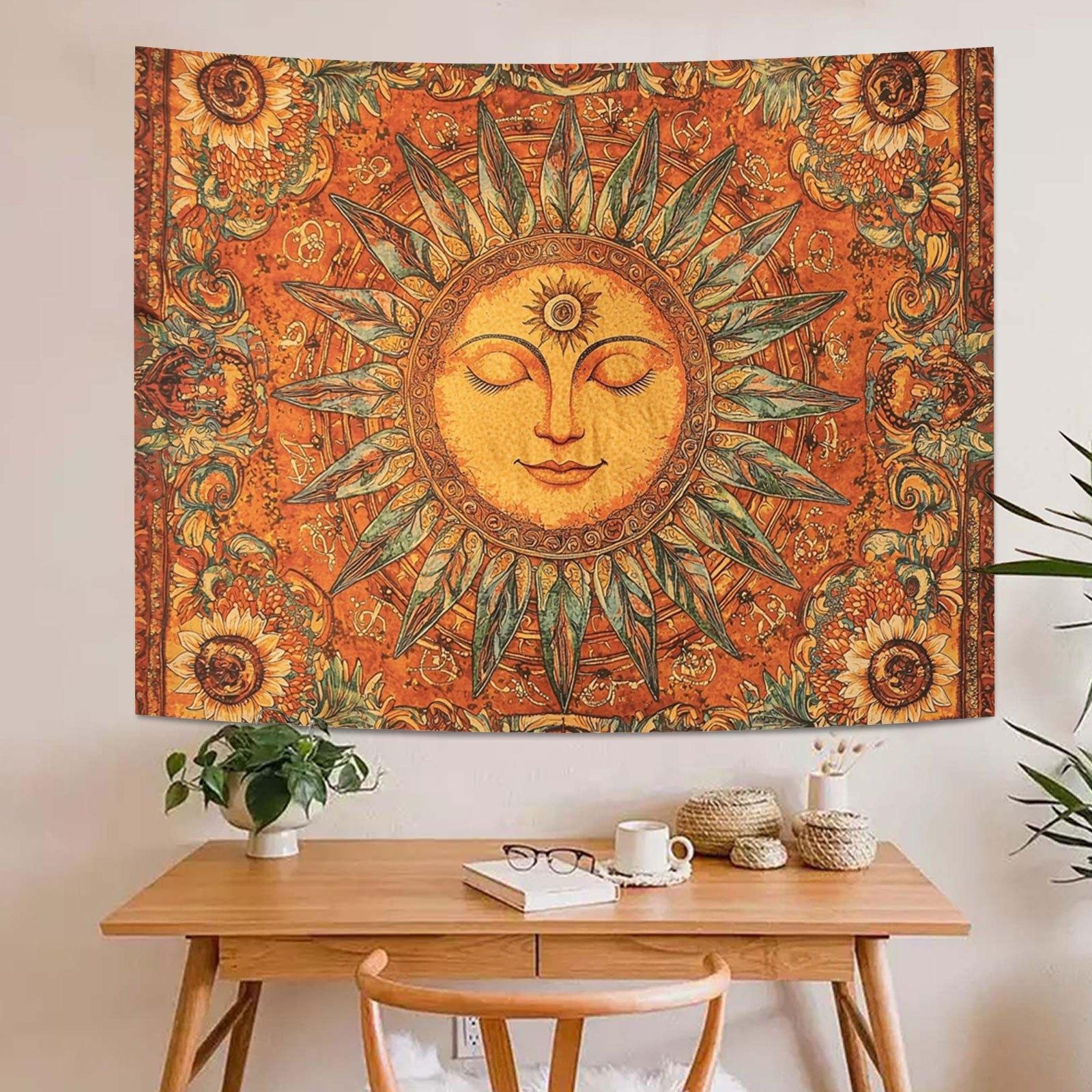 Vintage Bohemian Sun and Moon Tapestry |   Closed-Eye Smiling Sun Wall Hanging, Aesthetic Boho Decor for Living Room Bedroom Dorm, Multi-Functional Indoor Outdoor Art
