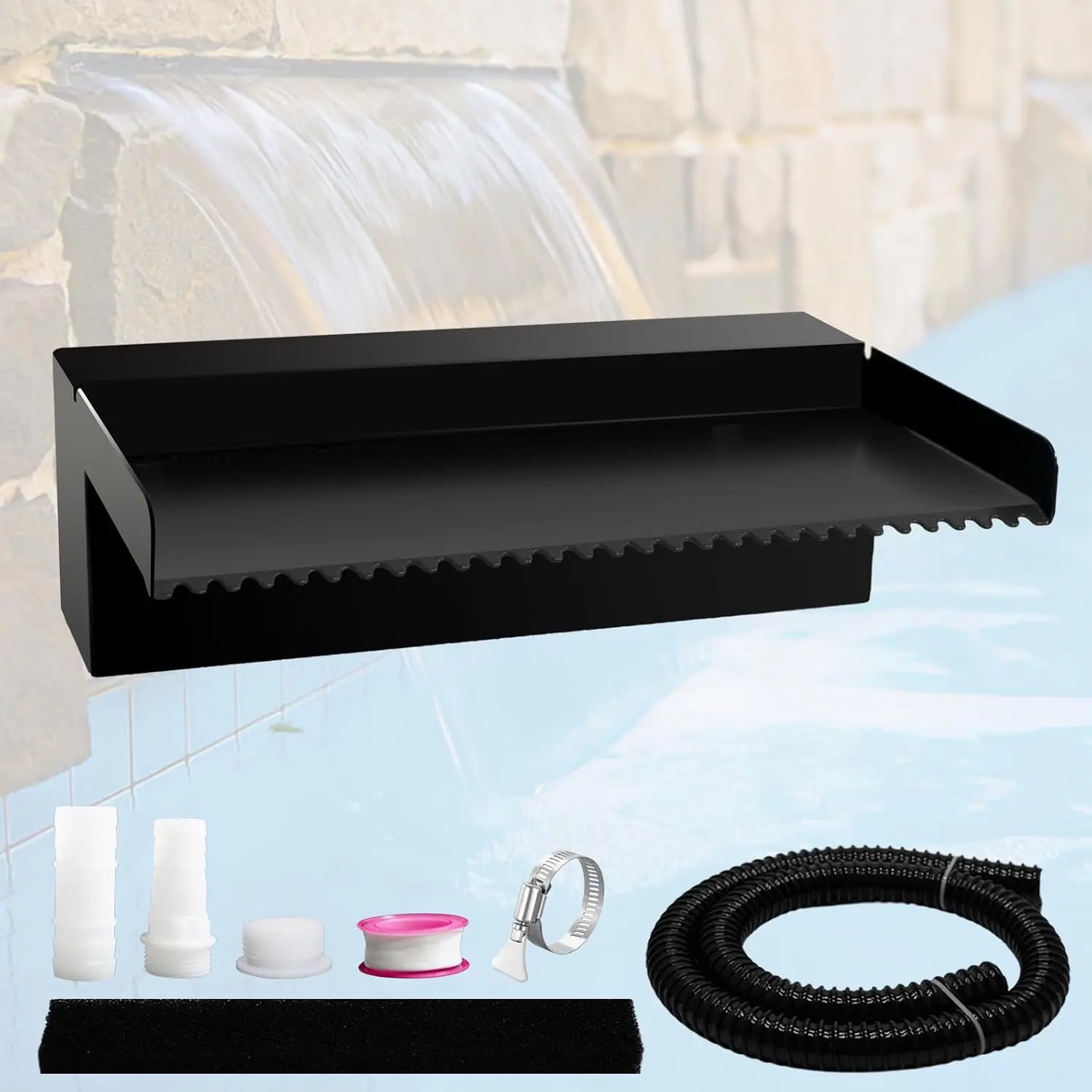 Black Stainless Steel Pond Waterfall Spillway Pool Fountain Water Feature - Outdoor Waterfalls Kit for Garden Patio Swimming Pool, 11.8"x7.8"x3.9" (No Light)