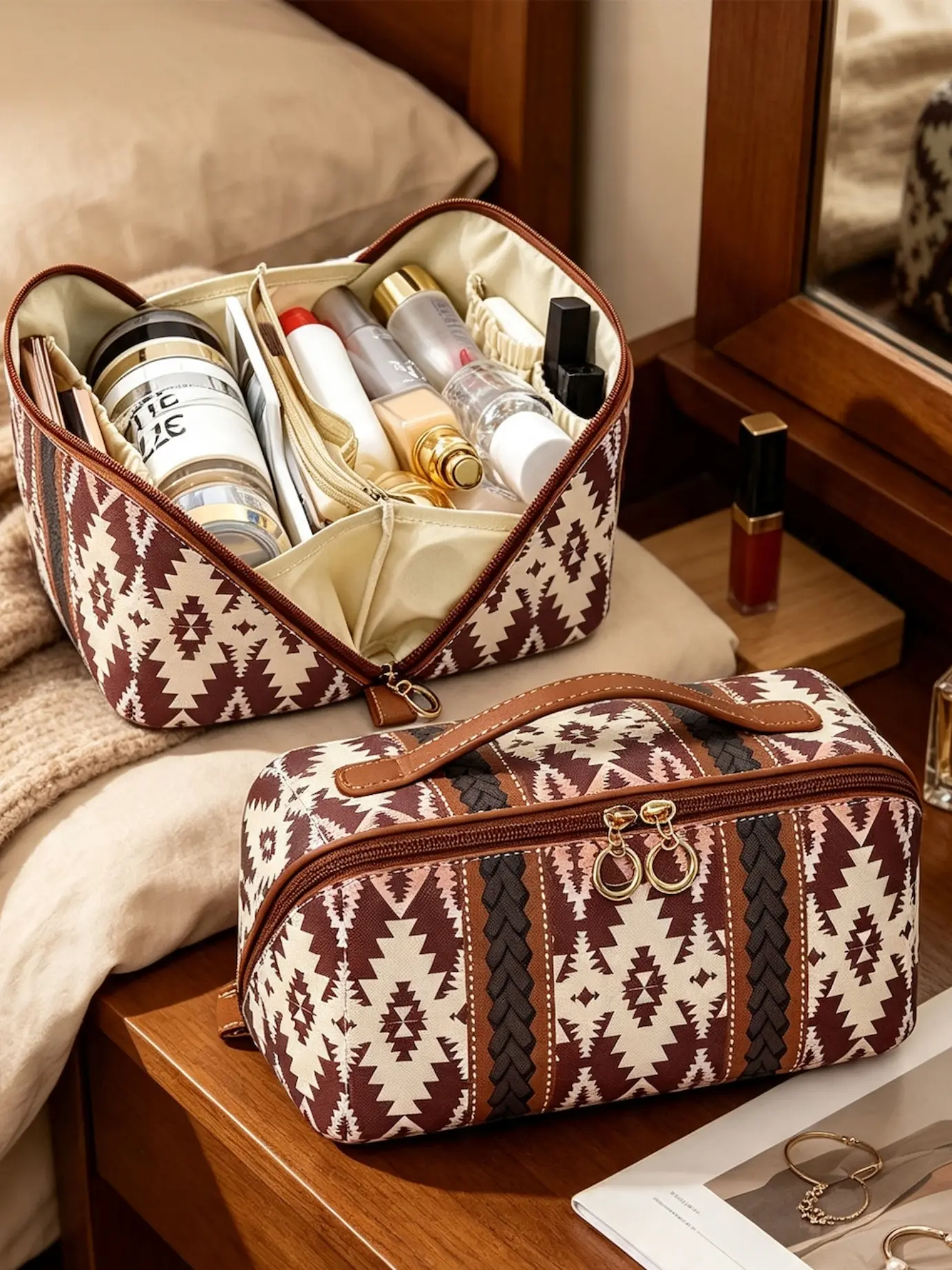 Western Aztec geometric pattern makeup bag, boho southwestern print toiletry bag, waterproof PU portable handheld cosmetic organizer, large capacity travel wash bag for vacation camping daily skincare storage