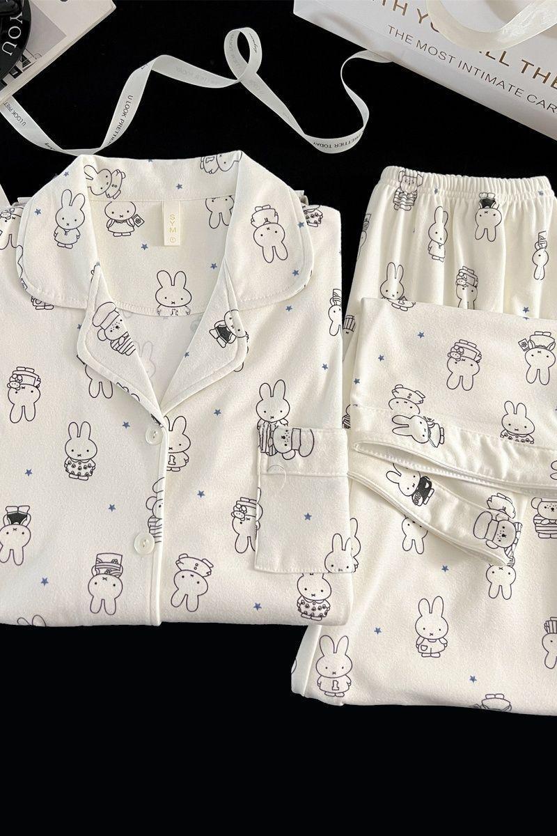 Kawaii Miffy Bunny Thermal Brushed Flannel Sleepwear Set Cozy Open-Front for Women Cute Cartoon Autumn Winter Pajamas K-trend
