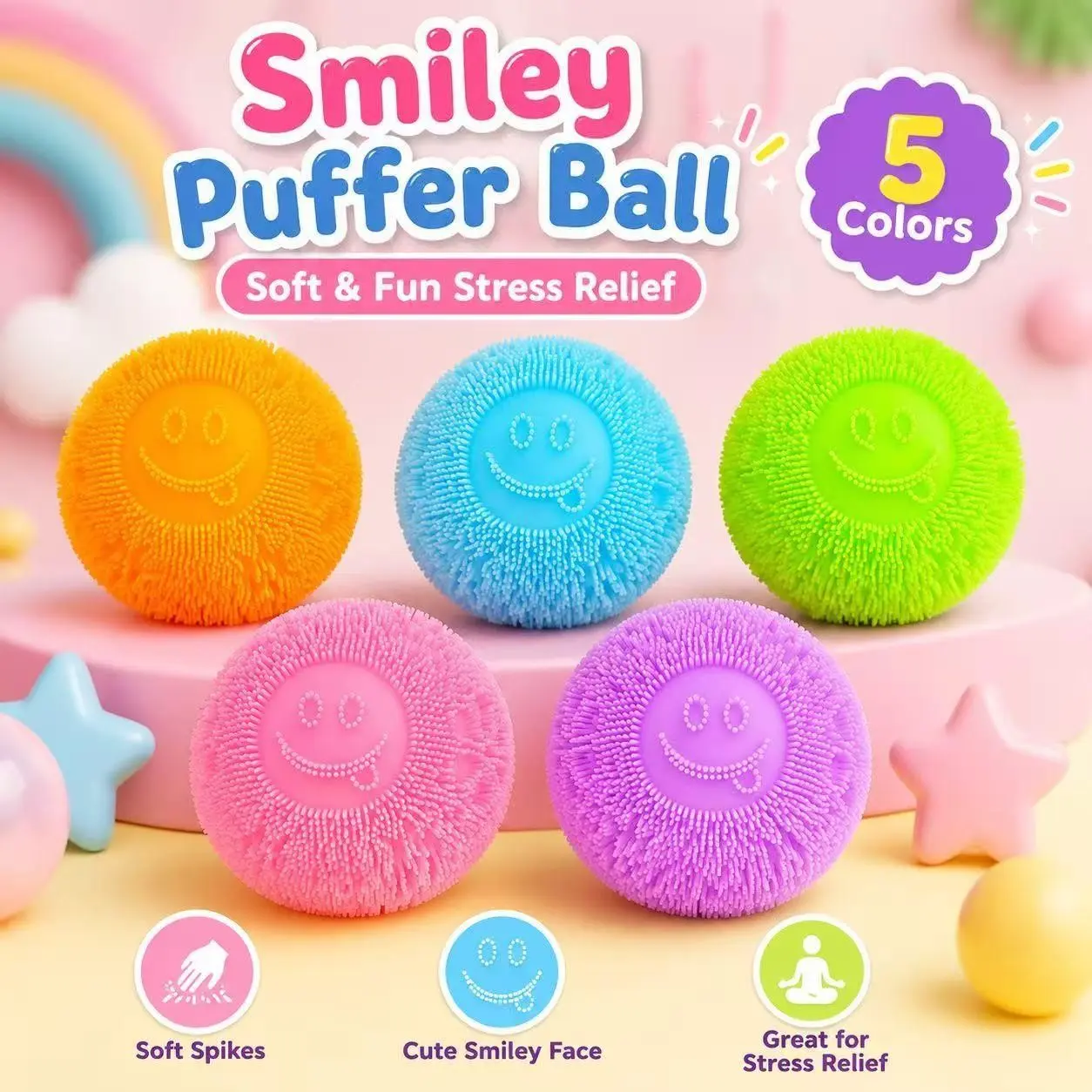 Colorful Smiley Soft Spiky Squeeze Ball, Soft Tpr Outer Shell, Flour Filled Stress Relief Toy, Textured Sensory Desk Toy