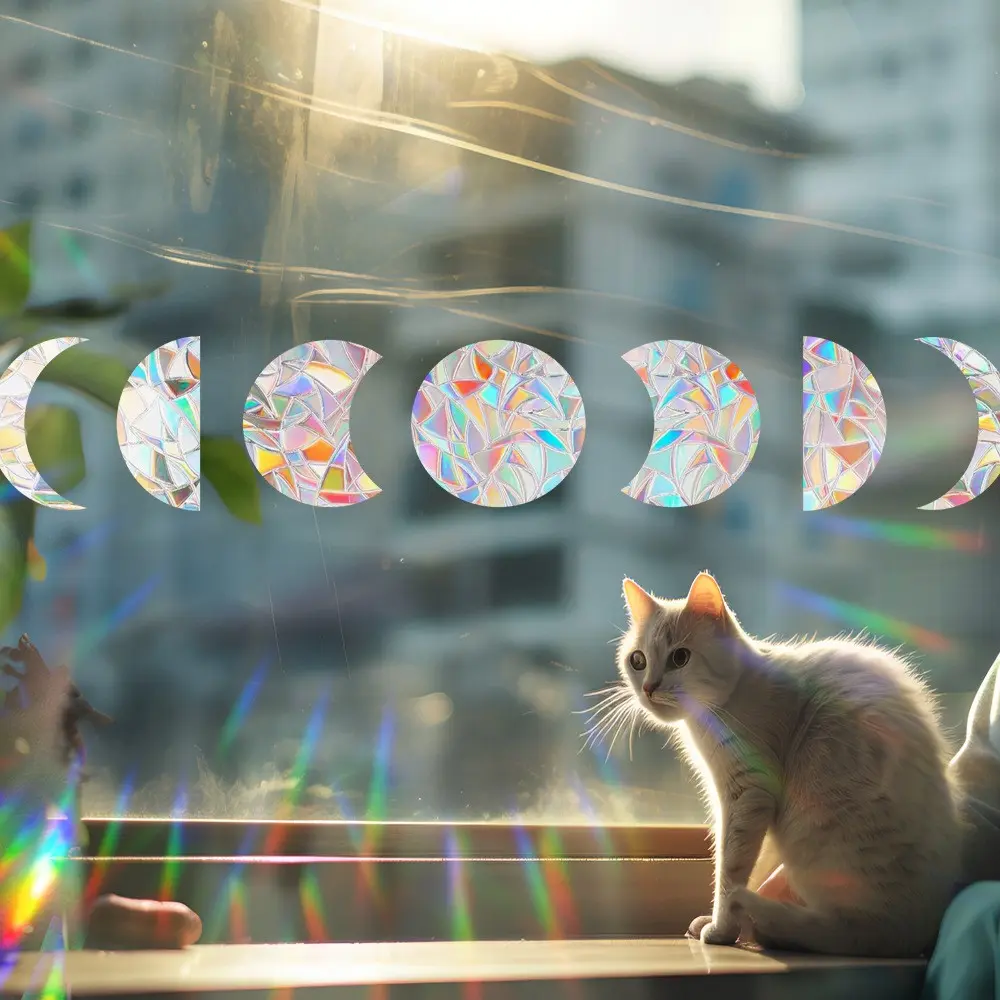 1 Sheet Moon Sun Catcher Window Decals for Glass Windows for Bird Strike Prevention Anti-Collision Prismatic Film,16mil PVC Prismatic Static Cling Film Suncatcher Clings, Non-Adhesive Stickers, Decoration Sticker, Rainbow Light Catcher, Home Decor