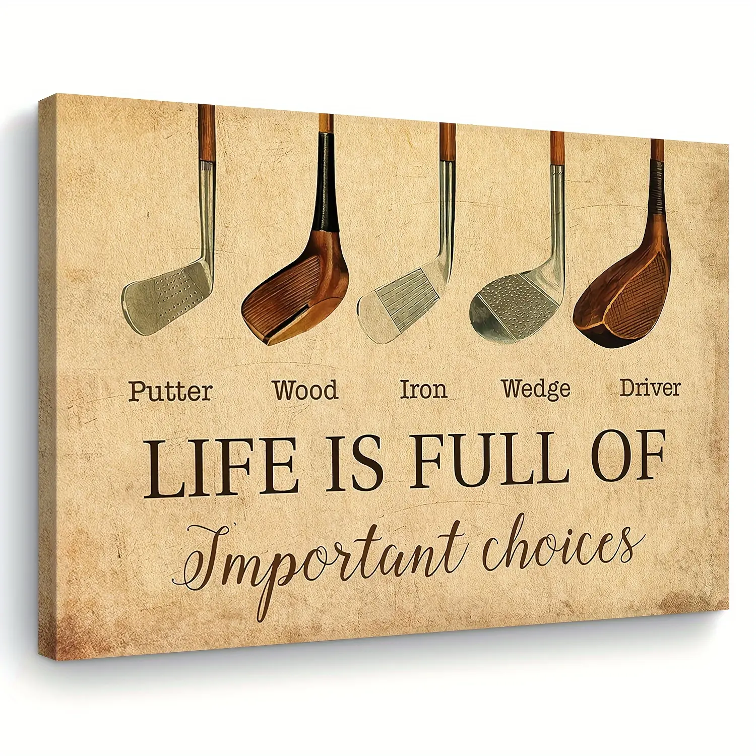 2D Vintage Golf Canvas Wall Art - Includes 5 Golf Clubs and the Quote "Life is Filled with Important Choices" - Decoration for Living Room, Bedroom, Office - Perfect Christmas Gift for Golf Enthusiasts