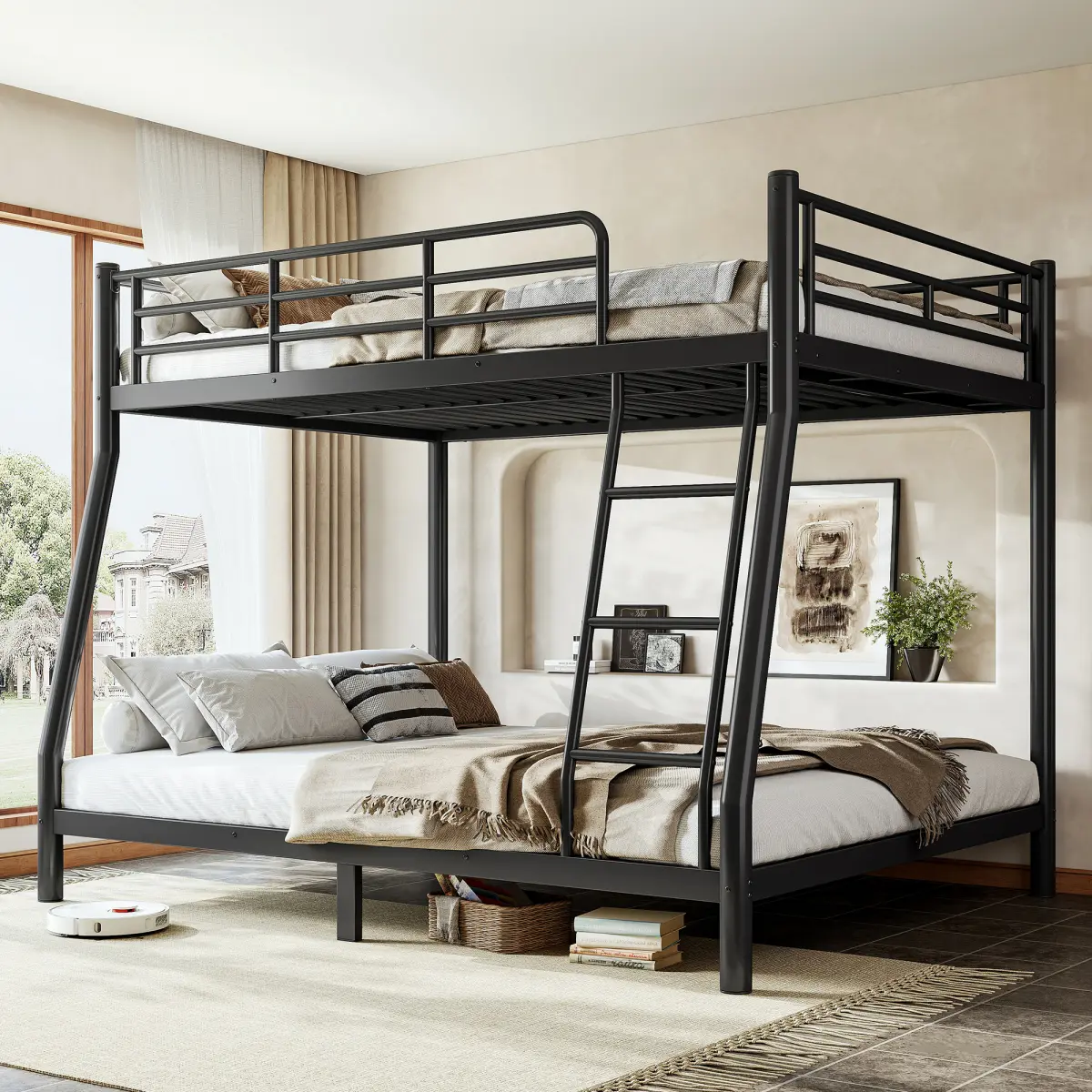 Aobtkel TwinXL/Queen/Full XL Over Queen Metal Bunk Bed for Teens, Heavy-Duty Round Tube Metal Frame with Guardrails, Noise-Reduced Space-Saving Design, No Box Spring Needed, Black