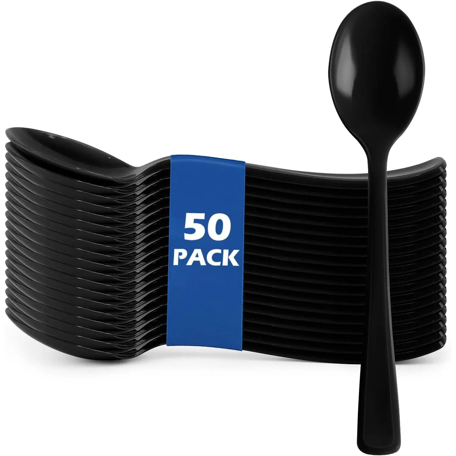 50 Pack Black Plastic Spoons Heavy Duty - Disposable Cutlery for Weddings, Graduation Parties, Birthday, Picnics, Summer BBQ & Outdoor Events