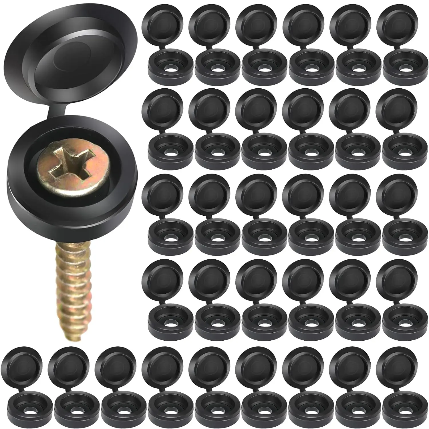 150 count Screw Caps, Black Plastic Hinged Screw Covers, S Size, Fits #6/#8 Screws (M3/M4), 150 count