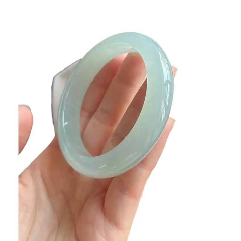 Women's Round Burmese Jade Bangle - Natural Old Mine Ice-Waxy Type, Light Green, Flower Pattern, Carved Detail, Rare Collectible Stone Jewelry for Cultural Item Enthusiasts