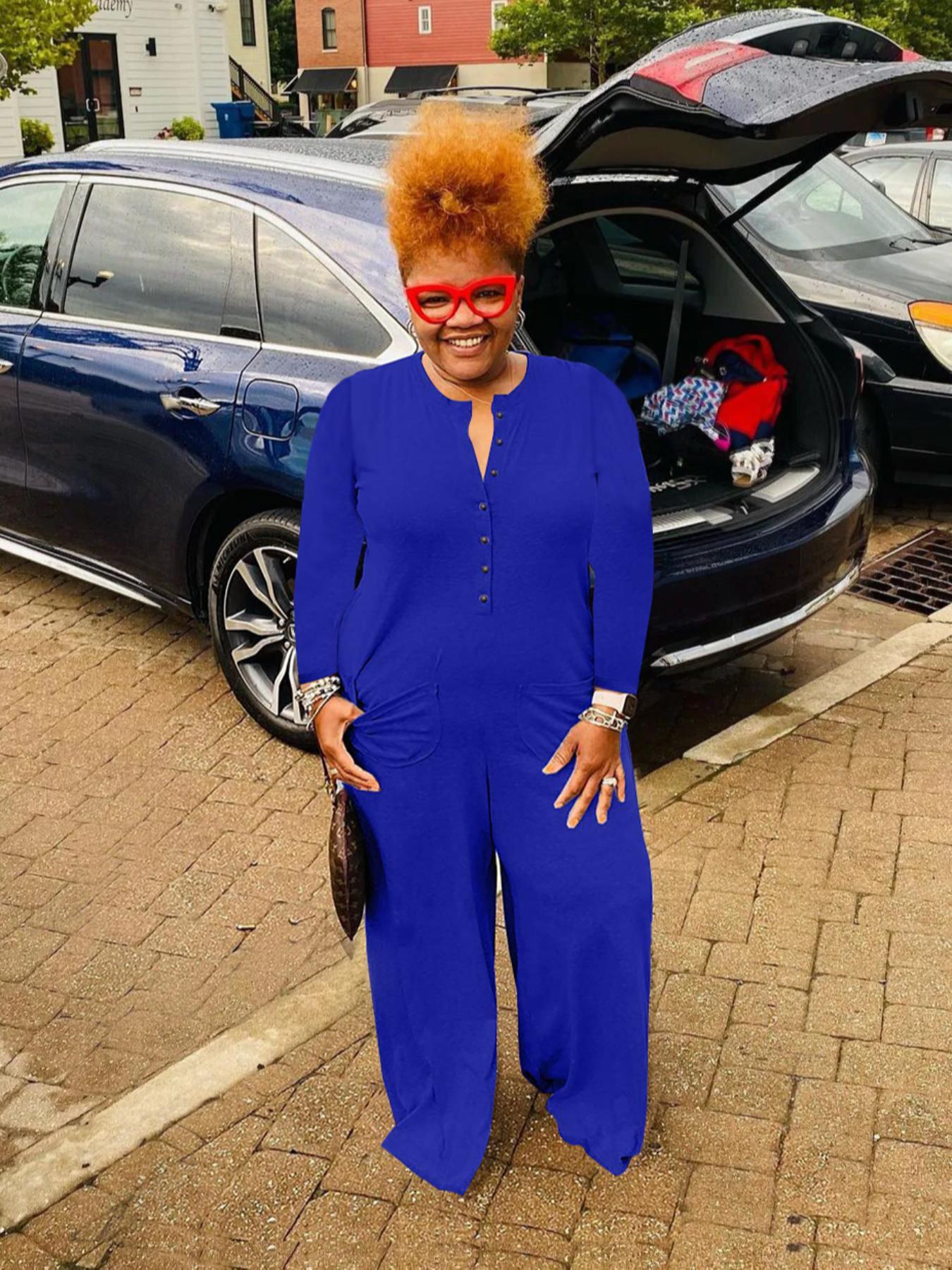 [Plus Size] Solid Pocket Button Front Wide Leg Jumpsuit, Casual Long Sleeve Round Neck Jumpsuit for Daily Wear, Women's Clothes for Fall & Winter, Womenswear