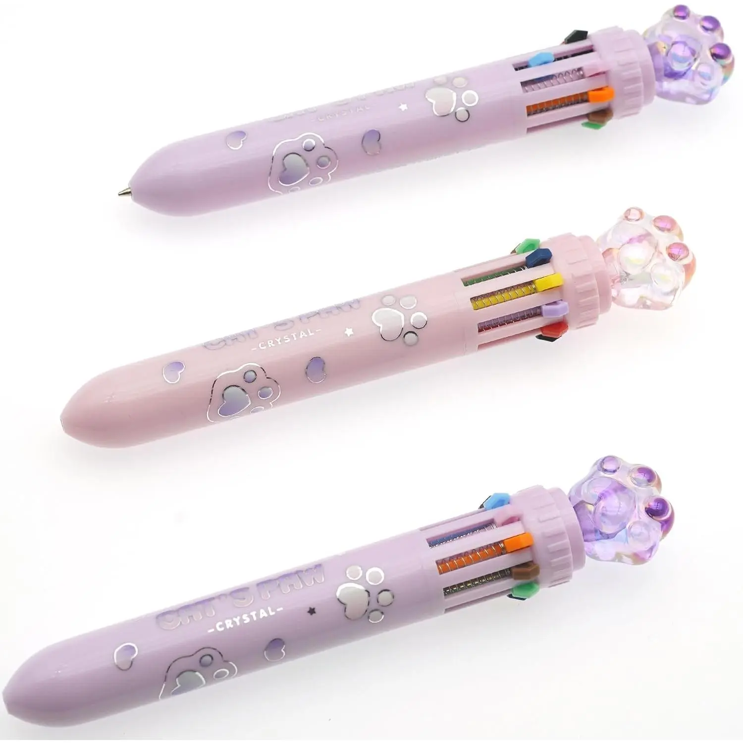 3-Pack Multi Color Pens  in , 0.7 mm 10-in-1 Multicolor Ballpoint Pens with  Toppers, Transparent Pouch, Ideal for Students, Office & Creative Gifts ( 's paw)