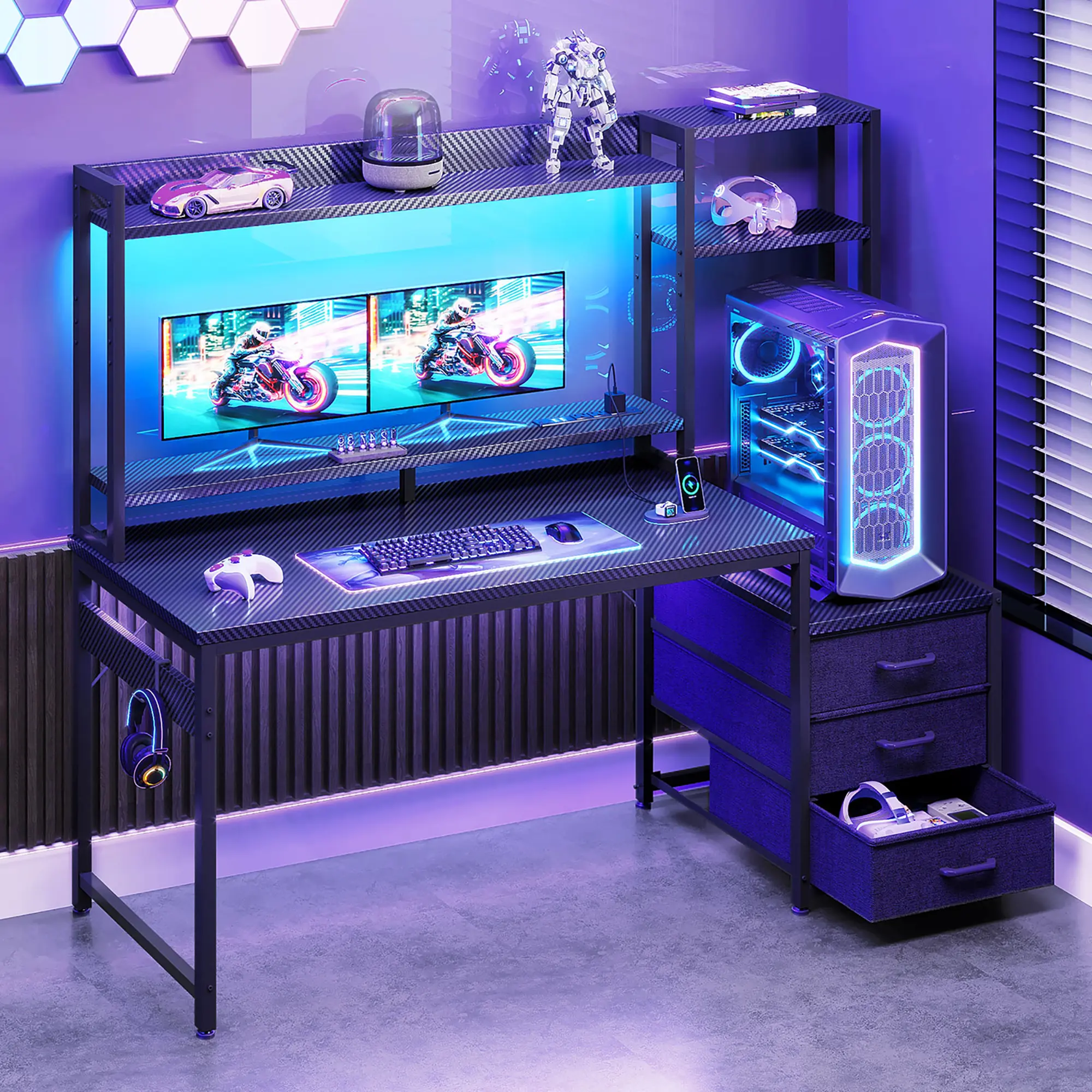 AODK Gaming Desk with Hutch, LED Lights & USB Ports, Reversible Computer Desk with Fabric Drawers & Monitor Stand, Black