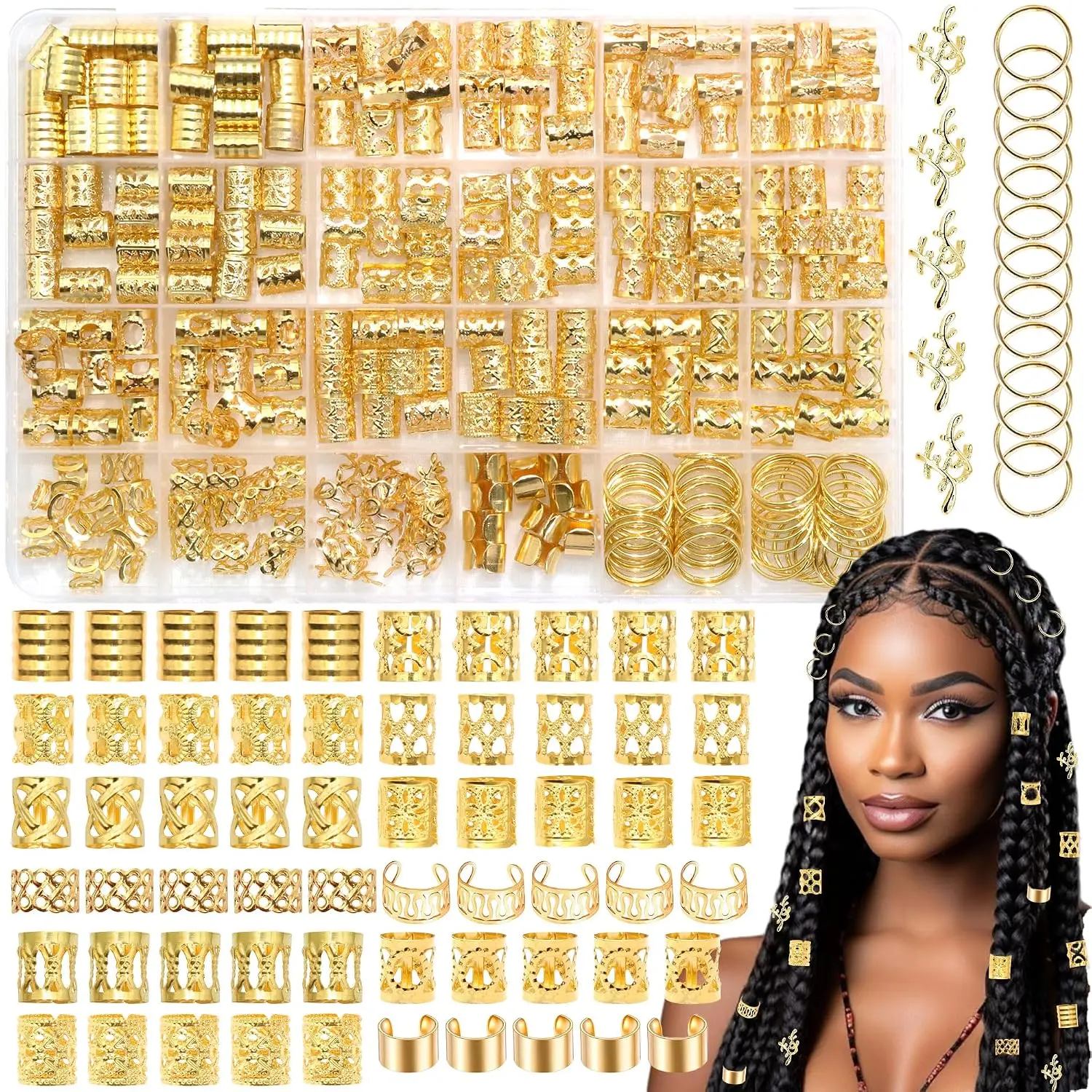 280 count  Hair  for Braids Metal Loc Dreadlocks Accessories Braid Clips Rings Hair Cuffs Beads Multiple Adjustable Loc  Braids Extensions Decorations Kits for Women and Men