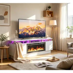 70 Inches Fireplace TV Stand for TVs up to 80 Inches Console with 36'' Electric Fireplace & Remote, Wooden Modern Entertainment Center for Living Room